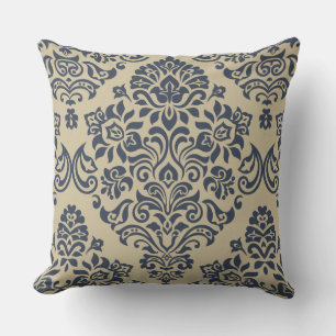 Stylish Blue and Cream Damask Pattern Cushion