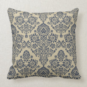 Stylish Blue and Cream Damask Pattern Cushion