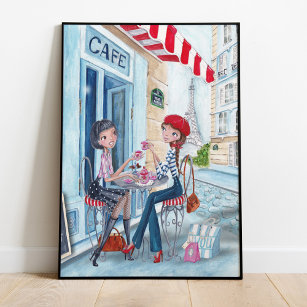 Stylish blue and red Tea in Paris illustration Poster