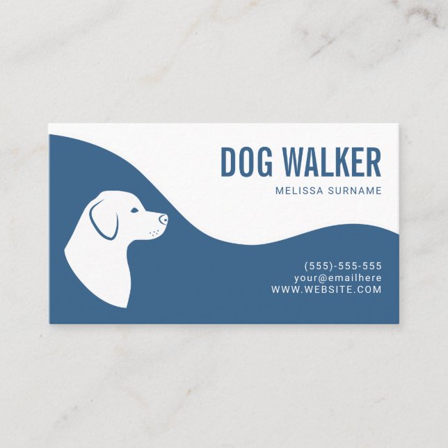 Stylish Blue And White Dog Silhouette Dog Walker Business Card (Front)