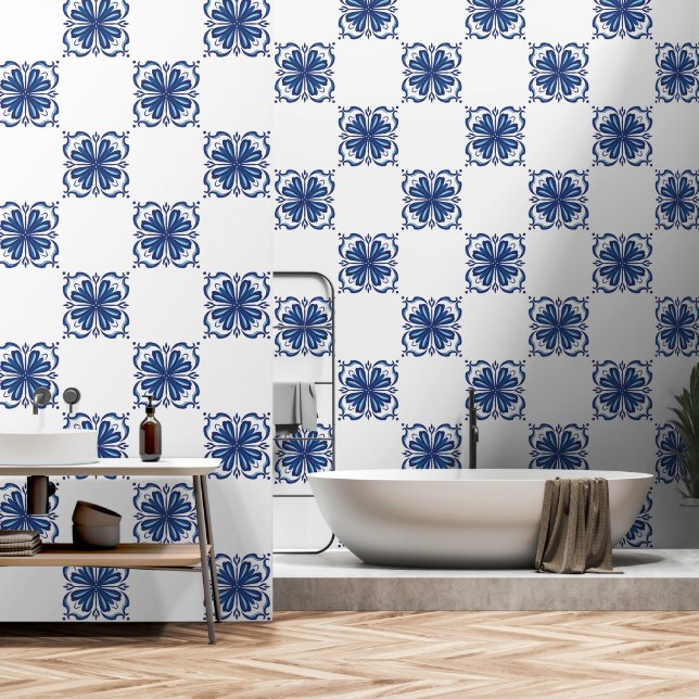 Stylish Blue and White Floral Mediterranean Tile  Wallpaper (Bathroom)