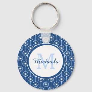 Stylish Blue and White Hearts Monogram With Name Key Ring