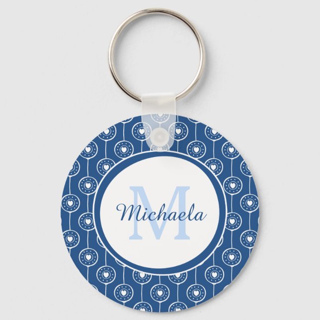 Stylish Blue and White Hearts Monogram With Name Key Ring (Front)