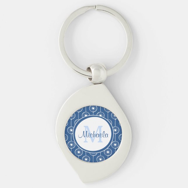 Stylish Blue and White Hearts Monogram With Name Key Ring (Front)