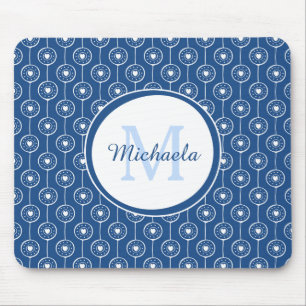 Stylish Blue and White Hearts Monogram With Name Mouse Mat