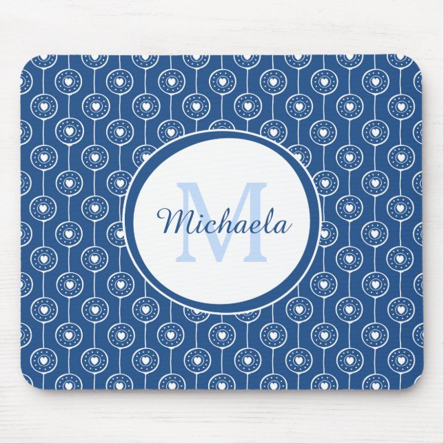 Stylish Blue and White Hearts Monogram With Name Mouse Mat (Front)
