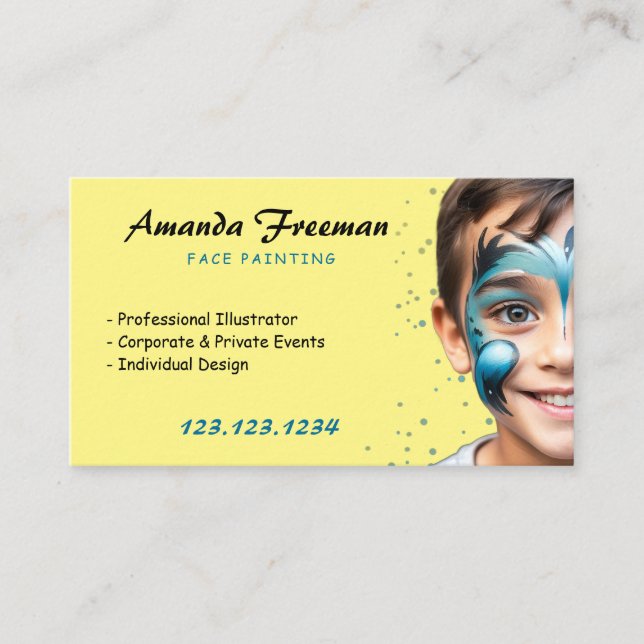 Stylish Blue and Yellow Party Face Painter Business Card (Front)