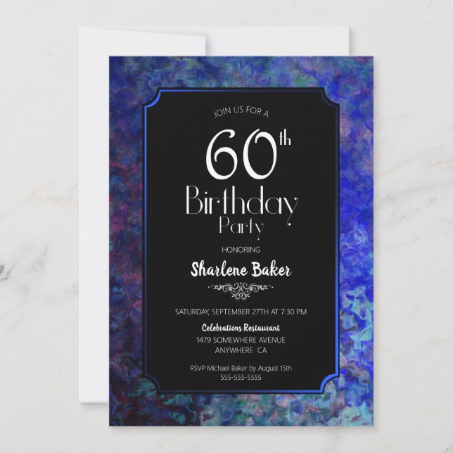 Stylish Blue Border Black 60th Birthday Party Invitation (Front)