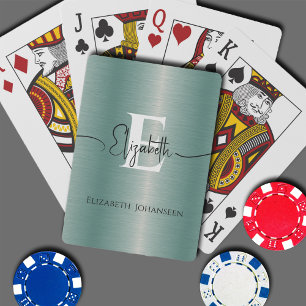 Stylish Blue Brushed Metal Monogram  & Script Name Playing Cards
