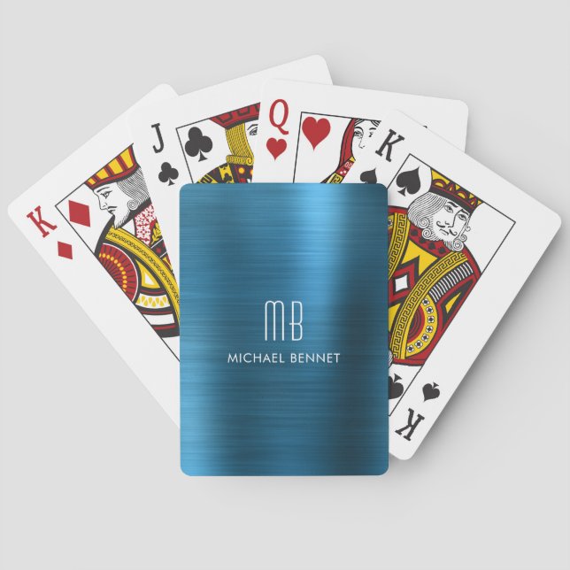 Stylish Blue Brushed Metallic Monogram Name Playing Cards (Back)