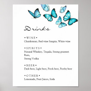 Stylish Blue butterflies wedding Drinks menu bar Poster