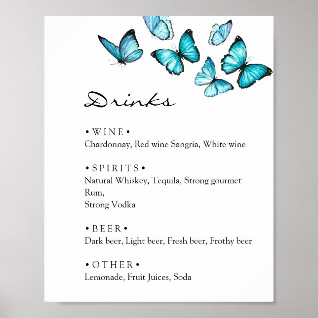 Stylish Blue butterflies wedding Drinks menu bar Poster (Front)