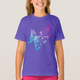 Stylish Blue Butterfly and Pink Flowers T-Shirt