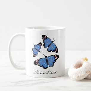 Stylish Blue Butterfly Illustration Custom Name Coffee Mug