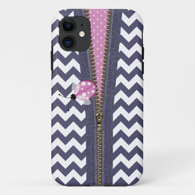 Stylish Blue Chevron With Zipper & Pink Ladybug Case-Mate iPhone Case (Back)