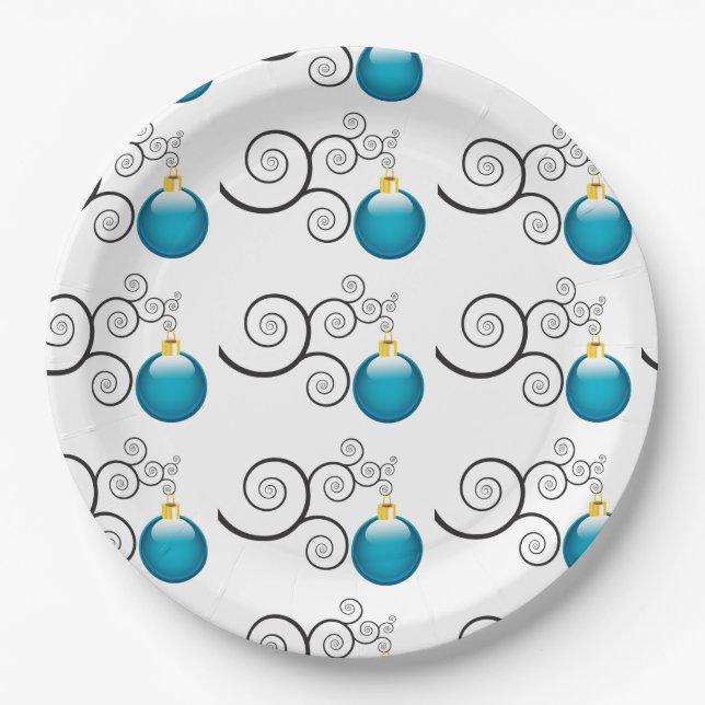 Stylish Blue Christmas Ornament Pattern Paper Plate (Front)