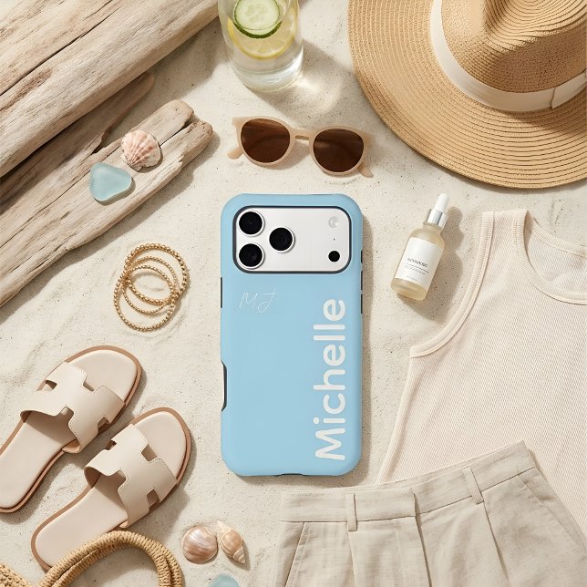 Stylish Blue & Cream Modern Minimal Custom Name iPhone Case (Creator Uploaded)