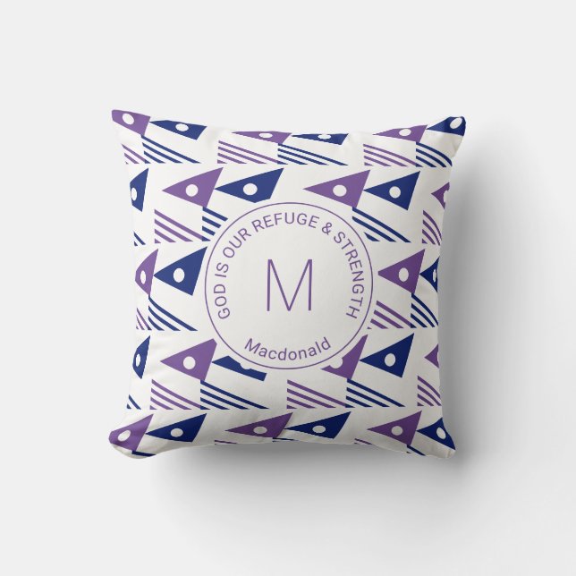 Stylish Blue Custom Geometric Triangles Monogram Cushion (Front)