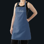 Stylish blue custom script name simple elegant  apron<br><div class="desc">Personalised blue custom modern script name text monogram solid plain colour simple girly stylish elegant chic blue and white text kitchen Apron. Customise, personalise it with name, quote, phrase, or text. Custom white script text, blue solid plain background. Great for cooks, chefs, pottery, ceramics, crafts, work, kitchen, baking, bbq, grill,...</div>