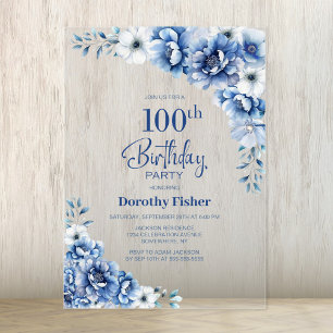Stylish Blue Floral 100th Birthday Party Acrylic Invitations