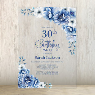 Stylish Blue Floral 30th Birthday Party Acrylic Invitations