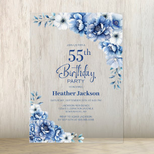Stylish Blue Floral 55th Birthday Party Acrylic Invitations