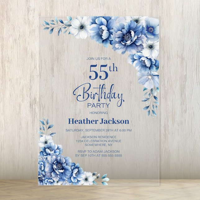 Stylish Blue Floral 55th Birthday Party Acrylic Invitations (Creator Uploaded)
