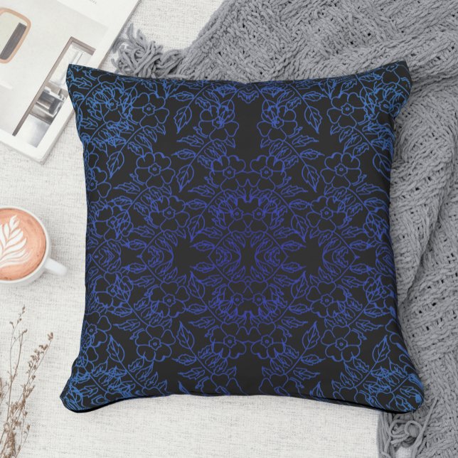 Stylish blue floral pattern on black cushion (Creator Uploaded)