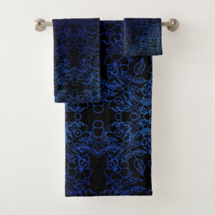 Stylish Blue floral print pattern on black Bath Towel Set