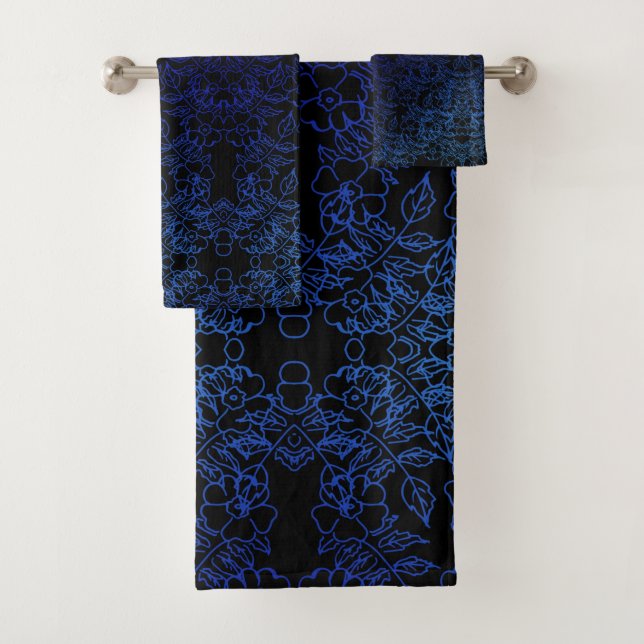 Stylish Blue floral print pattern on black Bath Towel Set (Insitu)