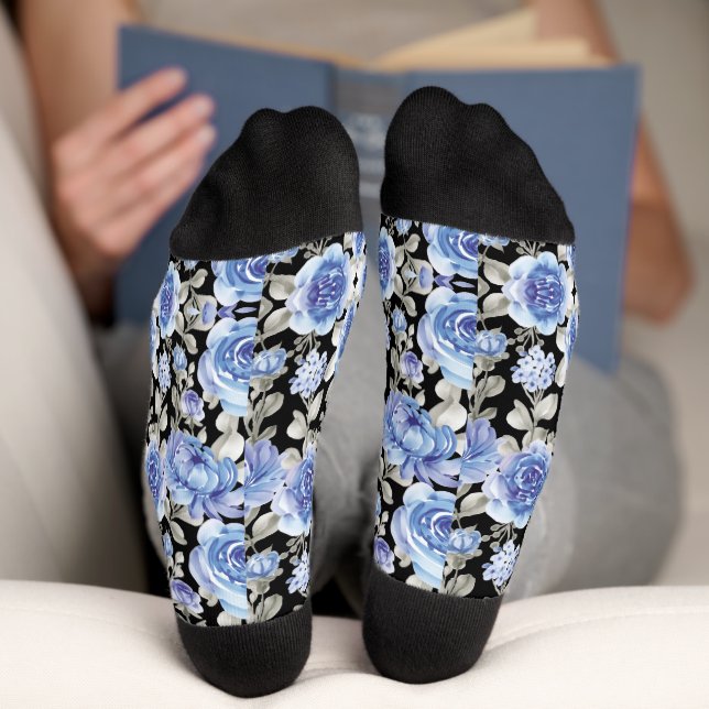 Stylish Blue floral print pattern on black Socks (Bottom)