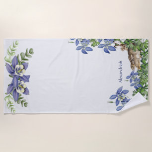 Stylish Blue Floral Rabbit Watercolor Cute Bunny  Beach Towel