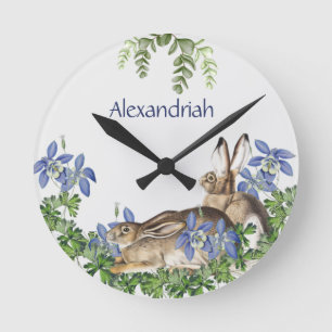 Stylish Blue Floral Rabbit Watercolor Cute Bunny Round Clock