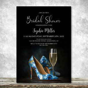 Stylish Blue Floral Stiletto Shoes Bridal Shower Invitation