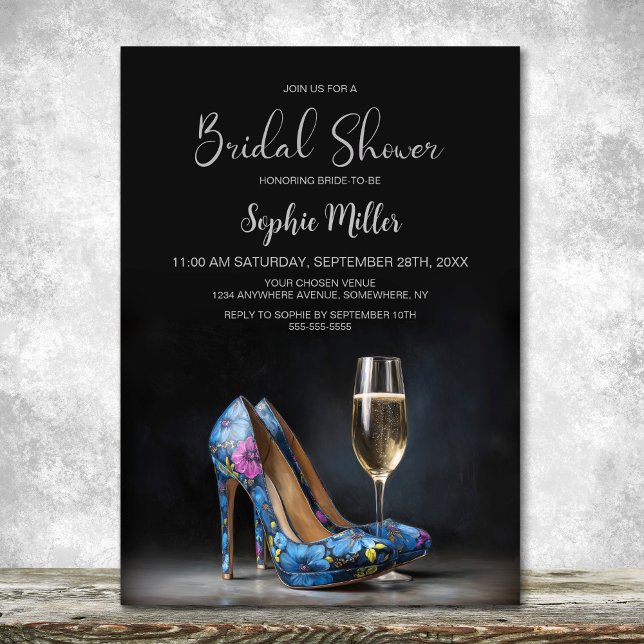 Stylish Blue Floral Stiletto Shoes Bridal Shower Invitation (Creator Uploaded)
