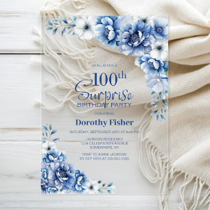 Stylish Blue Floral Surprise 100th Birthday Party Acrylic Invitations