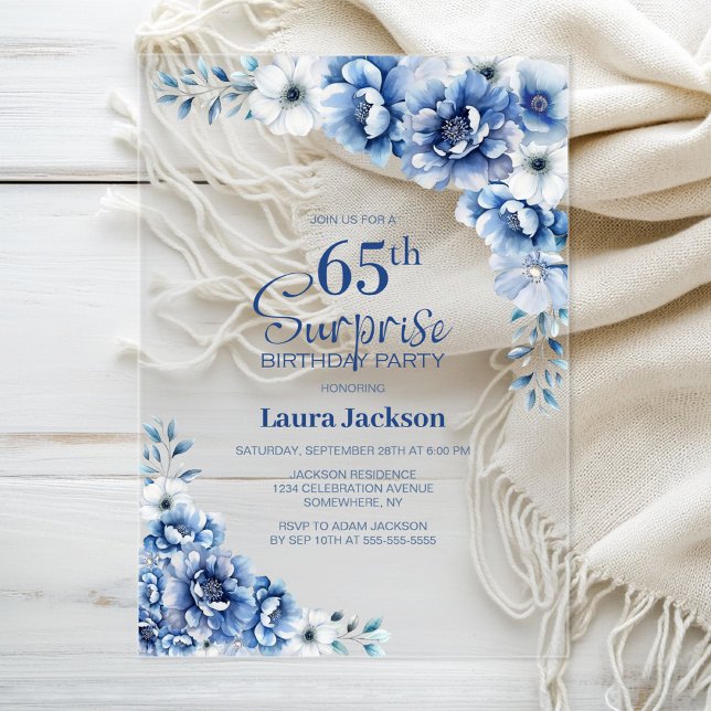 Stylish Blue Floral Surprise 65th Birthday Party Acrylic Invitations (Creator Uploaded)