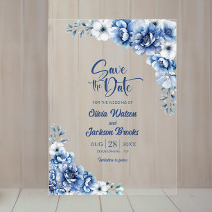 Stylish Blue Floral Wedding Save the Date Acrylic Invitations