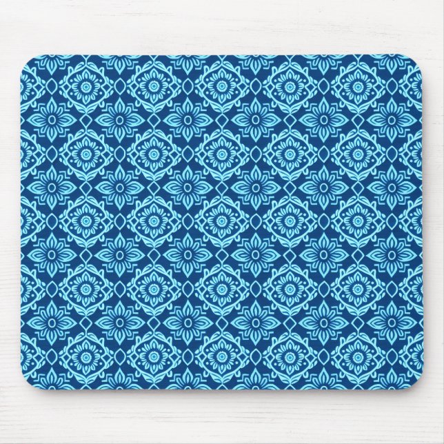 Stylish Blue Geometric Floral Pattern Mouse Mat (Front)