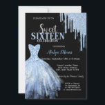 Stylish Blue Glitter Drips Blue Dress Black Invitation<br><div class="desc">Elegant blue dress and blue glitter drips on a black background.</div>