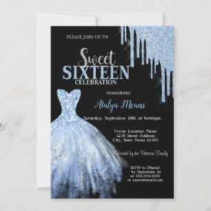 Stylish Blue Glitter Drips Blue Dress Black Invitation