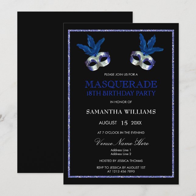 Stylish Blue Glitter Masquerade 18th Birthday Invitation (Front/Back)