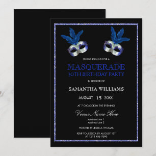 Stylish Blue Glitter Masquerade 30th Birthday Invitation