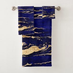 Stylish Blue Gold Abstract Marble Bath Towel Set