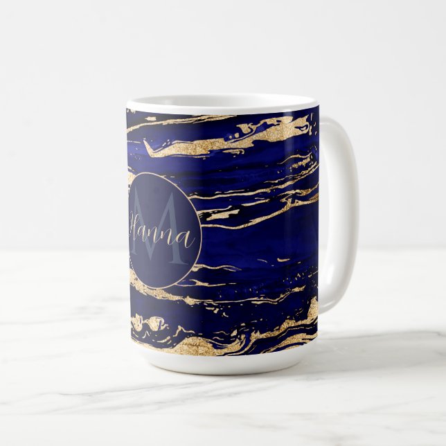 Stylish Blue Gold Abstract Marble Coffee Mug (Front Right)