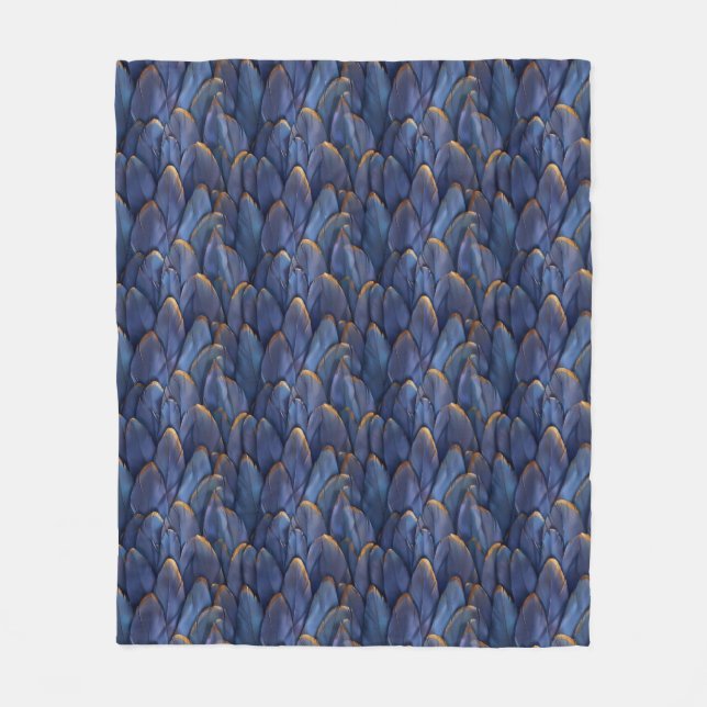 Stylish blue gold feathers fleece blanket (Front)