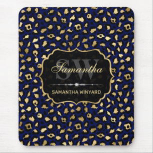 Stylish Blue & Gold Foil Leopard Spots Monogram Mouse Mat