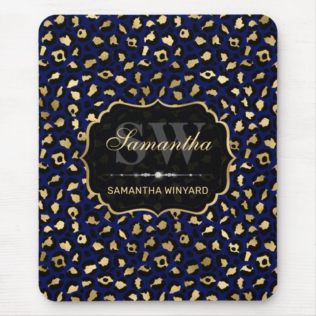 Stylish Blue & Gold Foil Leopard Spots Monogram Mouse Mat (Front)
