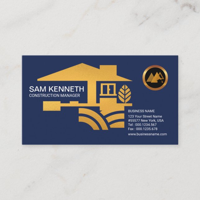 Stylish Blue Gold Home Building Contractor Business Card (Front)