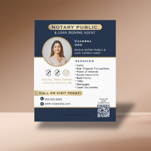 Stylish Blue Gold Notary Photo QR Code Marketing  Flyer